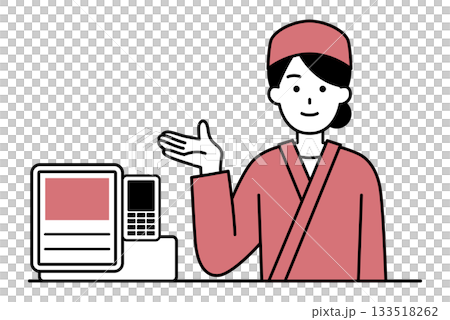 レジカウンターで受付する和食店の女性店員 レジカウンターで受付する和食店の女性店員 133518262