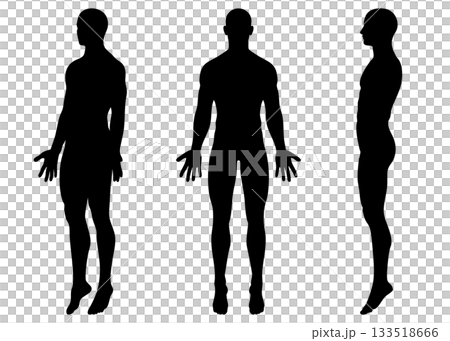 男性全身正面、側面和側身輪廓圖 男性全身正面、側面和側身輪廓圖 133518666