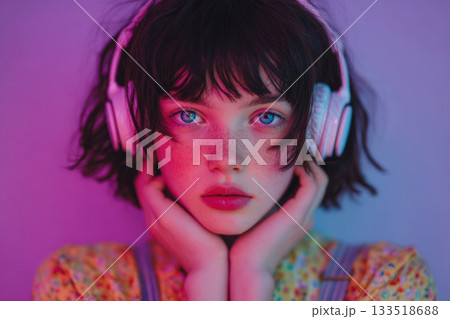 A teenage girl in big headphones listens to music alone on a neon background A teenage girl in big headphones listens to music alone on a neon background 133518688