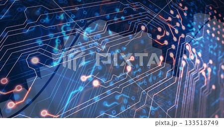 Displaying traces forming glowing pathways and nodes in virtual schematic with holographic overlays Displaying traces forming glowing pathways and nodes in virtual schematic with holographic overlays 133518749