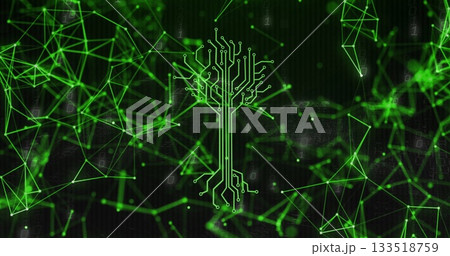 Showing neon green circuit-tree branching across virtual grid, with network mesh and binary overlay Showing neon green circuit-tree branching across virtual grid, with network mesh and binary overlay 133518759