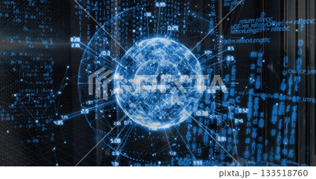 Projecting holographic globe illuminating 3D data visualization, sending code fragments and metrics 133518760