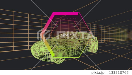 Showing green wireframe sports car moving in 3D chamber, with orange grid lines and 191MPH hexagon 133518765