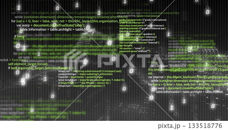 Streaming green and white code fragments across dark grid in virtual interface, with binary digits Streaming green and white code fragments across dark grid in virtual interface, with binary digits 133518776