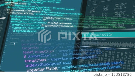 Showing computer display filling screen with code editor panels at workstation, with encryption bar 133518786