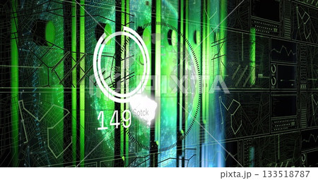 Displaying gauge showing numeric display 149 on control center screen, with globe over map grid Displaying gauge showing numeric display 149 on control center screen, with globe over map grid 133518787