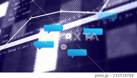 Displaying blue chat bubbles floating on dashboard with gray speech icons, code and diagonal graph 133518788