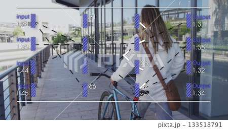 Walking man pushing bicycle along walkway by glass facade, wearing bag with UI overlays, copy space Walking man pushing bicycle along walkway by glass facade, wearing bag with UI overlays, copy space 133518791