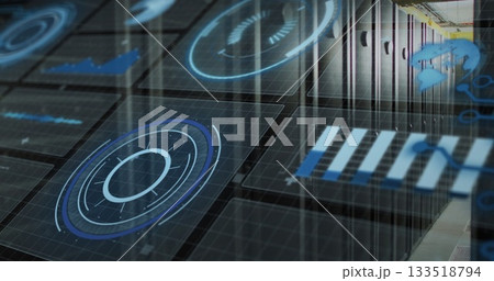 Showing server racks projecting holographic charts at data hall, raised panels, yellow cable trays Showing server racks projecting holographic charts at data hall, raised panels, yellow cable trays 133518794