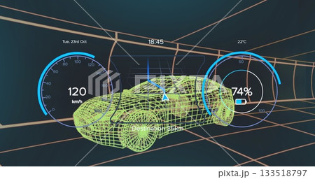 Displaying neon green wireframe sports car on dark navy grid, with speedometer and battery gauges Displaying neon green wireframe sports car on dark navy grid, with speedometer and battery gauges 133518797