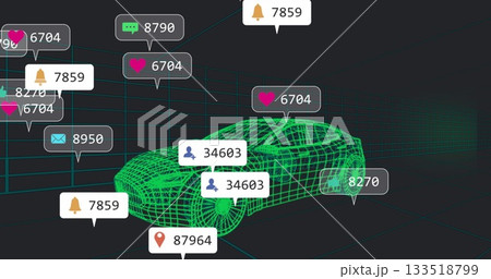 Floating wireframe sports car model rotating within 3D grid space, with notification icons 133518799