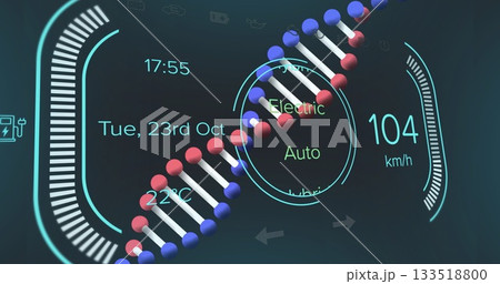 Displaying futuristic UI with 3D DNA, mode selector dial, readouts, gauge ticks and status icons 133518800