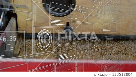 Displaying train wheel assembly being inspected on steel rails, with augmented data panels 133518804