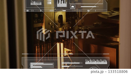 Operating robot assembly head building parts inside instrument bay with holographic UI overlays 133518806