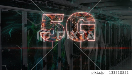 Glowing circuit-patterned 5G symbol casting red beam along corridor, highlighting server cabinets Glowing circuit-patterned 5G symbol casting red beam along corridor, highlighting server cabinets 133518831