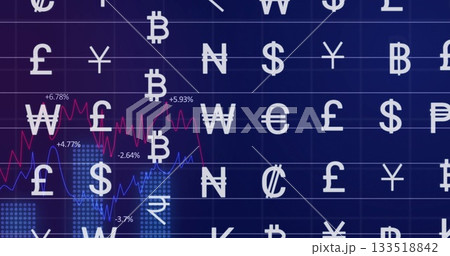 Red and blue line graphs fluctuating on trading dashboard, with currency symbols, world map outline Red and blue line graphs fluctuating on trading dashboard, with currency symbols, world map outline 133518842