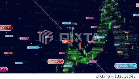 Displaying green dotted arrow rising on trading screen, with colored bars, numeric tags and icons 133518845