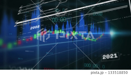 Displaying financial chart on trading screen with candlesticks, blue waveform and white trend lines Displaying financial chart on trading screen with candlesticks, blue waveform and white trend lines 133518850