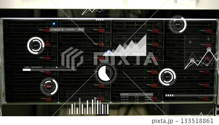 Displaying blade server rack with red locking tabs and data visualization overlay in server room Displaying blade server rack with red locking tabs and data visualization overlay in server room 133518861