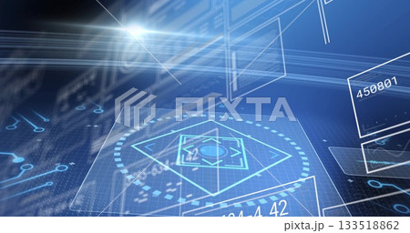 Displaying holographic interface pulsing in virtual control environment, with floating data boxes 133518862
