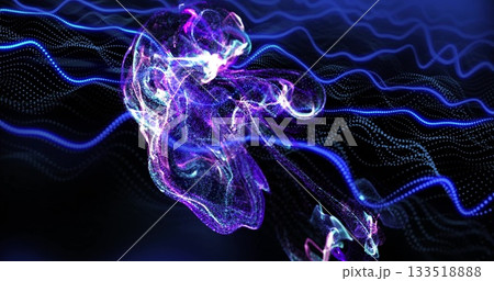 Swirling neon abstract form gliding in digital realm with glowing core, tendrils and wave lines 133518888