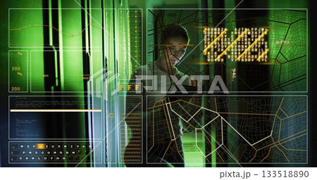 Analyzing woman in white shirt using handheld device in green server room, with racks, code panels 133518890