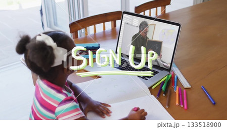 Black girl in shirt writing notebook at home with markers or ruler laptop showing chalkboard SIGN UP Black girl in shirt writing notebook at home with markers or ruler laptop showing chalkboard SIGN UP 133518900
