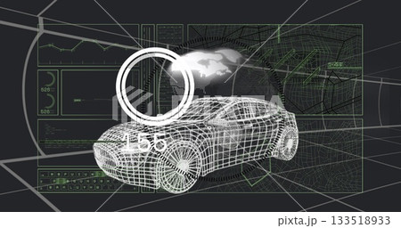 Displaying white 3D wireframe sedan model rotating in control space with HUD indicator, data panels Displaying white 3D wireframe sedan model rotating in control space with HUD indicator, data panels 133518933