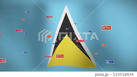 Showing black-yellow triangle against blue backdrop, with red Play and Subscribe, blue Like icons Showing black-yellow triangle against blue backdrop, with red Play and Subscribe, blue Like icons 133518934