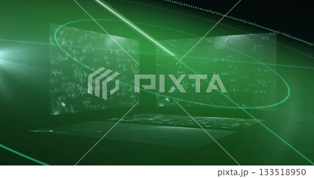 Floating holographic panels displaying math equations in chamber with green beam and particles Floating holographic panels displaying math equations in chamber with green beam and particles 133518950