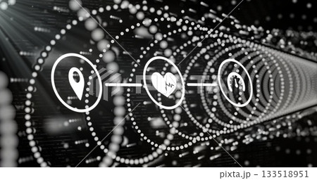 Rotating three icons inside tunnel of dotted rings and streams, with location pin heart speedometer Rotating three icons inside tunnel of dotted rings and streams, with location pin heart speedometer 133518951