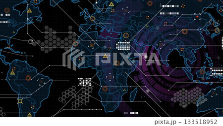 Displaying glowing blue world map in digital interface, with purple circles and white data blocks Displaying glowing blue world map in digital interface, with purple circles and white data blocks 133518952