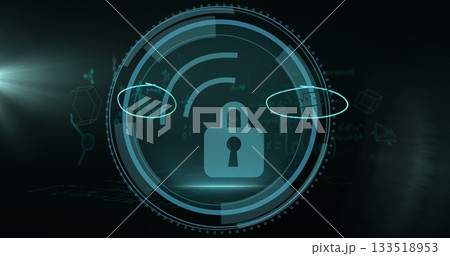 Showing padlock icon rotating on HUD rings on security panel, with data visuals under light flare Showing padlock icon rotating on HUD rings on security panel, with data visuals under light flare 133518953