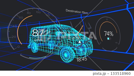 Navigating wireframe van model moving through neon blue grid tunnel, with HUD speedometer gauge Navigating wireframe van model moving through neon blue grid tunnel, with HUD speedometer gauge 133518960