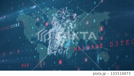 Displaying world map over dark-blue grid, showing glowing nodes and symbols with red MALWARE D3TECT Displaying world map over dark-blue grid, showing glowing nodes and symbols with red MALWARE D3TECT 133518973