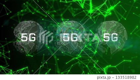 Displaying three 5G wireframe globes in network visualization, with neon green links and particles Displaying three 5G wireframe globes in network visualization, with neon green links and particles 133518982