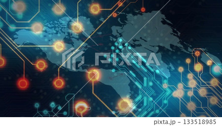 Displaying stylized world map overlaying network circuitry in digital space, with glowing nodes 133518985