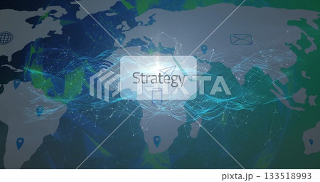 Strategy panel hovering in network view, with world map, network lines, pins and floating icons 133518993