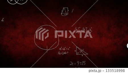Featuring large chalk circle on red board with triangle, cone, Venn diagram, algebraic formulas 133518998