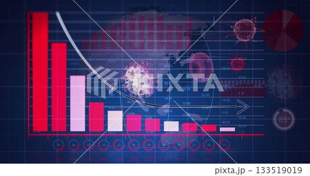 Displaying dashboard showing descending bar chart, trend line over world map, with virus icons Displaying dashboard showing descending bar chart, trend line over world map, with virus icons 133519019