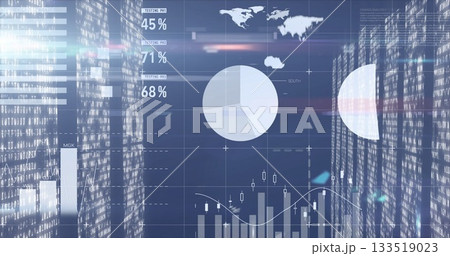 Showing finance dashboard in virtual interface with pie chart, bar graphs and world map icons Showing finance dashboard in virtual interface with pie chart, bar graphs and world map icons 133519023