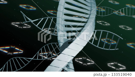 Floating large DNA helix glowing in virtual data space, with smaller helices, neon geometric shapes 133519040