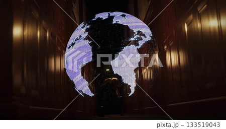 Hanging glowing Earth globe in narrow wood corridor, with crouching figure examining projection Hanging glowing Earth globe in narrow wood corridor, with crouching figure examining projection 133519043