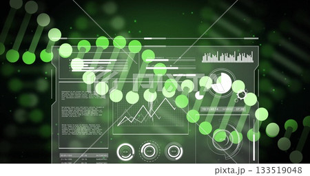 Showing translucent dashboard operating in data interface, with DNA helix, charts and data points 133519048