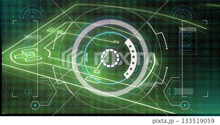 Projecting HUD interface showing concentric rings and lines on control screen, with hexagonal nodes 133519059