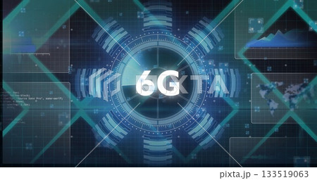 Displaying 6G circular HUD on virtual dashboard, with hexagonal grid and radial data bars 133519063