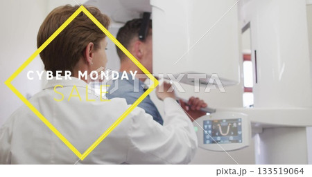 Adjusting dentist positioning X-ray arm around patient head in clinic, with digital display Adjusting dentist positioning X-ray arm around patient head in clinic, with digital display 133519064