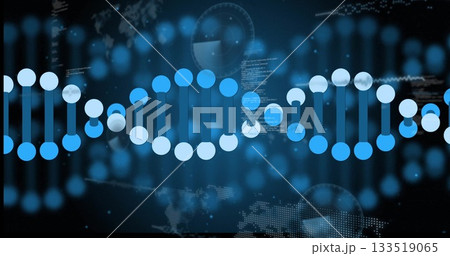 Displaying DNA double helix at virtual interface with bokeh lights, code, world map and UI overlays Displaying DNA double helix at virtual interface with bokeh lights, code, world map and UI overlays 133519065
