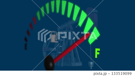 Fuel gauge needle pointing to full F mark in graphic background, with oil pumpjack silhouette 133519099