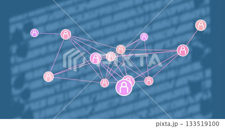 Displaying connected user nodes and edges forming network graph on dashboard, with blurred code Displaying connected user nodes and edges forming network graph on dashboard, with blurred code 133519100